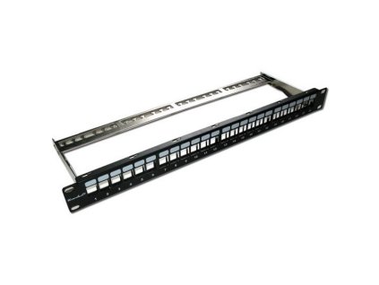XtendLan Patch panel 19", 24 portů, neosazený, stíněný, černý, Cat5e/6/6A/7, vyvazovák