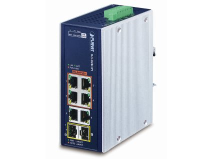 Planet Průmyslový PoE switch, 6x1Gb + 2x1Gb SFP, 4x PoE 802.3bt 90/240W, -40až75°C, dual 48-54VDC, IP30, fanless