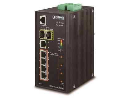 Planet IGS-5225-4UP1T2S průmyslový L3 switch, 5x1Gb, 2x2.5Gb SFP, 4x PoE 802.3bt 360W, dual 48-56VDC, -40~75°C, IP30