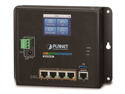 Planet WGR-500-4PV, průmyslový PoE router, 1xWAN+4xLAN 1Gbps, PoE 802.3at 120W, DIN, dual 48-56VDC, -10až60°C, touch LCD