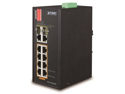 Planet IFGS-1022HPT průmyslový PoE switch, 8x100Mb + 2x1Gb/SFP, PoE 802.3at 30/240W, -40až75°C, dual 48-54VDC, IP30