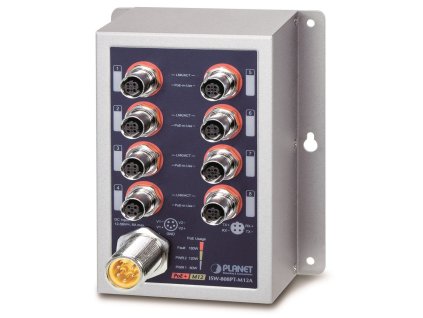 Planet Průmyslový PoE switch 8x 100Mb, PoE 802.3at 36W/180W, IP50, -40~+75°C, 12-56VDC, M12 konektory