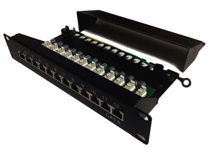 XtendLan Patch panel 10", 12 portů, 1U, Cat6, stíněný, LSA, vodorovné umístění konektorů, zemnič, černý
