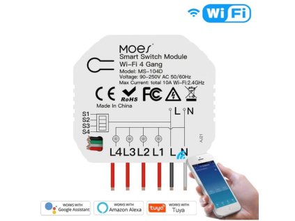WM-104D-MS - 4 kanálový mini WiFi spínač elektrických spotřebičů; AC 90-250V, Total 10A
