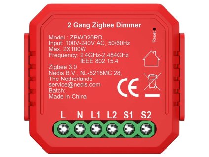 NEDIS chytrý duální spínač osvětlení/ 2x 100W/ připojení terminálu/ Zigbee 3.0/ Android/ iOS/ Nedis® SmartLife/ červený