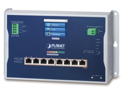 Planet WGS-5225-8UP2SV plochý L3 switch, 8x1Gb, 2x2.5Gb SFP, PoE 95/720W, 48-54VDC, -20~70°C, IP30, fanless, touch LCD