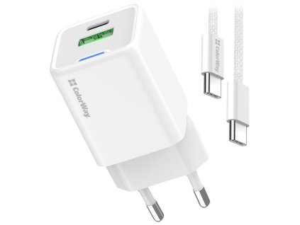 COLORWAY 1x USB-C/ síťová nabíječka/ GaN/ PD/ PPS/ QC/ 35W/ Včetně 100cm kabelu/ Bílá