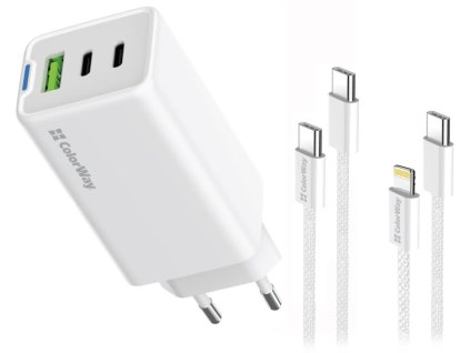 COLORWAY 2x USB-C, 1x USB-A/ síťová nabíječka/ GaN/ PD/ PPS/ 65W/ Včetně 2x kabelů, USB-C-USB-C, USB-C-Lightning/ Bílá