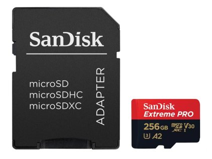SanDisk Extreme PRO microSDXC 256GB / A2 C10 V30 UHS-I U3 / 200MB/s & 140MB/s / SD Adaptér + 2 years RescuePRO