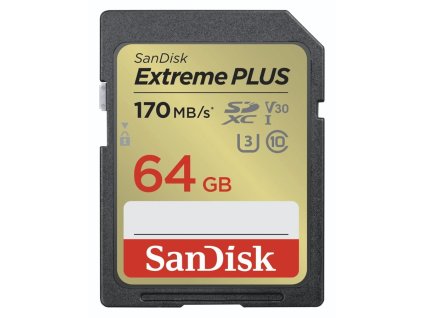 SanDisk Extreme PLUS 64GB SDXC / UHS-I, Class 10, U3, V30 /  up to 170MB/s & 80MB/s Read/Write / + 2 years RescuePRO