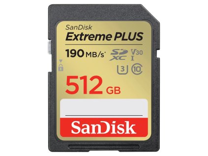 SanDisk Extreme PLUS 512GB SDXC / UHS-I, Class 10, U3, V30 /  up to 190MB/s & 130MB/s Read/Write / + 2 years RescuePRO