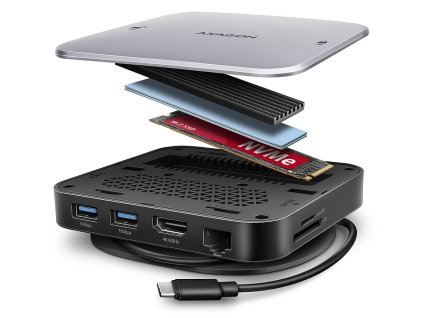 AXAGON multi USB-C hub 9in1 UFO / HMC-UFO / PD 100W / 1xNVME slot / 1xUSB-C / 2xUSB-A / HDMI / RJ-45 / SD/MicroSD / 65cm