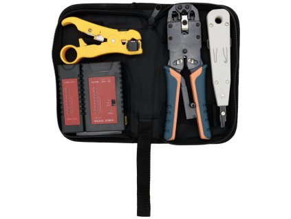 XtendLan Kit LAN - Profi krimp kleště RJ-45-12-11-10, ořezávač/odizolovávač, narážeč, tester