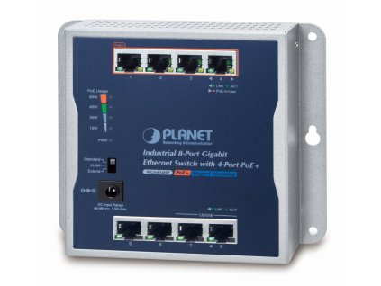 Planet průmyslový plochý switch 8x 1Gb, 4x PoE 30/60W, 48-56V, IP30, -20/60st, fanless