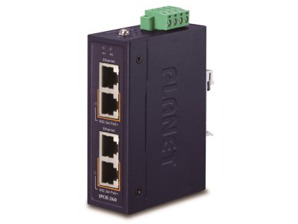 Planet IPOE-260 PoE průmyslový injektor, 2x port, 4x1Gb, 2x 802.3at 36/72W, DIN, IP30, -40~75°C, dual power 48-56VDC