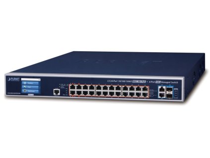 Planet GS-6320-24UP2T2XV L3 switch, 24x1Gb, 2x10Gb, 2x10Gb SFP+, 24x PoE 802.3bt 600W, 2x power-in, touch LCD