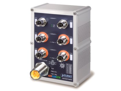 Planet IGS-5227X-4P2T vodotěsný průmyslový L3 switch, 6x1Gb M12, 4x PoE 802.3at 144W, 12-56VDC, -40~75°C, IP67, EN50155
