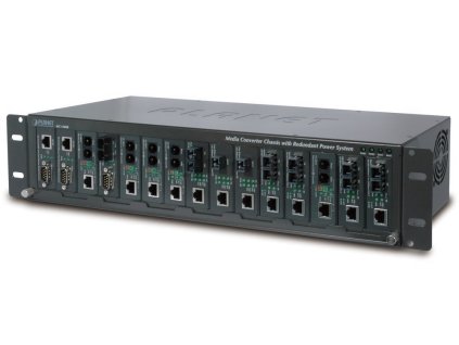 Planet MC-1500R, šasi 15 slotů pro media konverotry, 19"/2,5U, interní napájení 70W/48VDC, možný duální zdroj