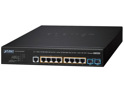 Planet AVS-4210-8HP2X managed AV switch, 8x1Gb, 2x10Gb SFP+, 4x PoE 802.3at + 4x PoE 802.3bt 240W, 0~50°C , QoS