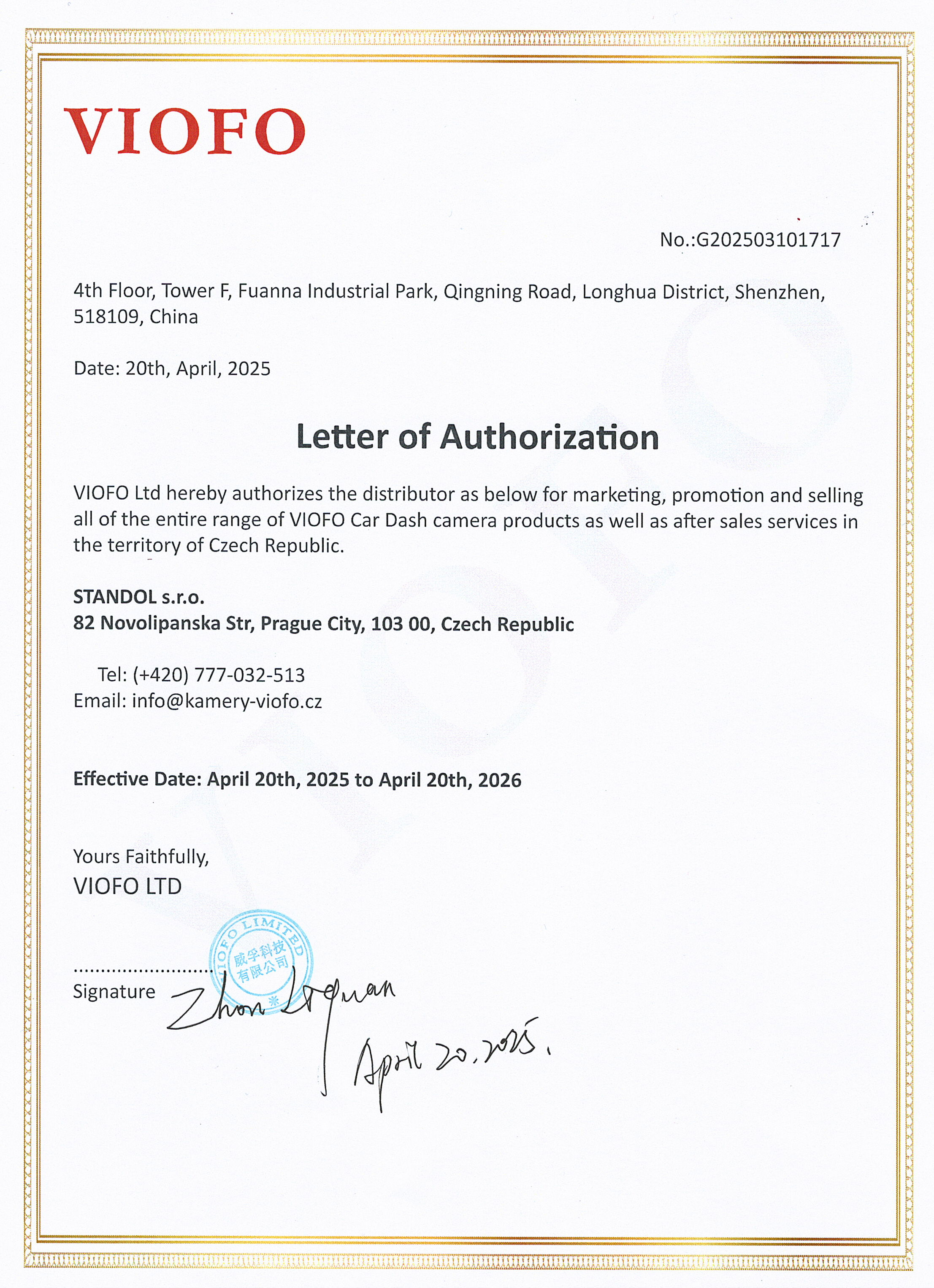 Certifikát autorizovaného dealera VIOFO – STANDOL s.r.o.