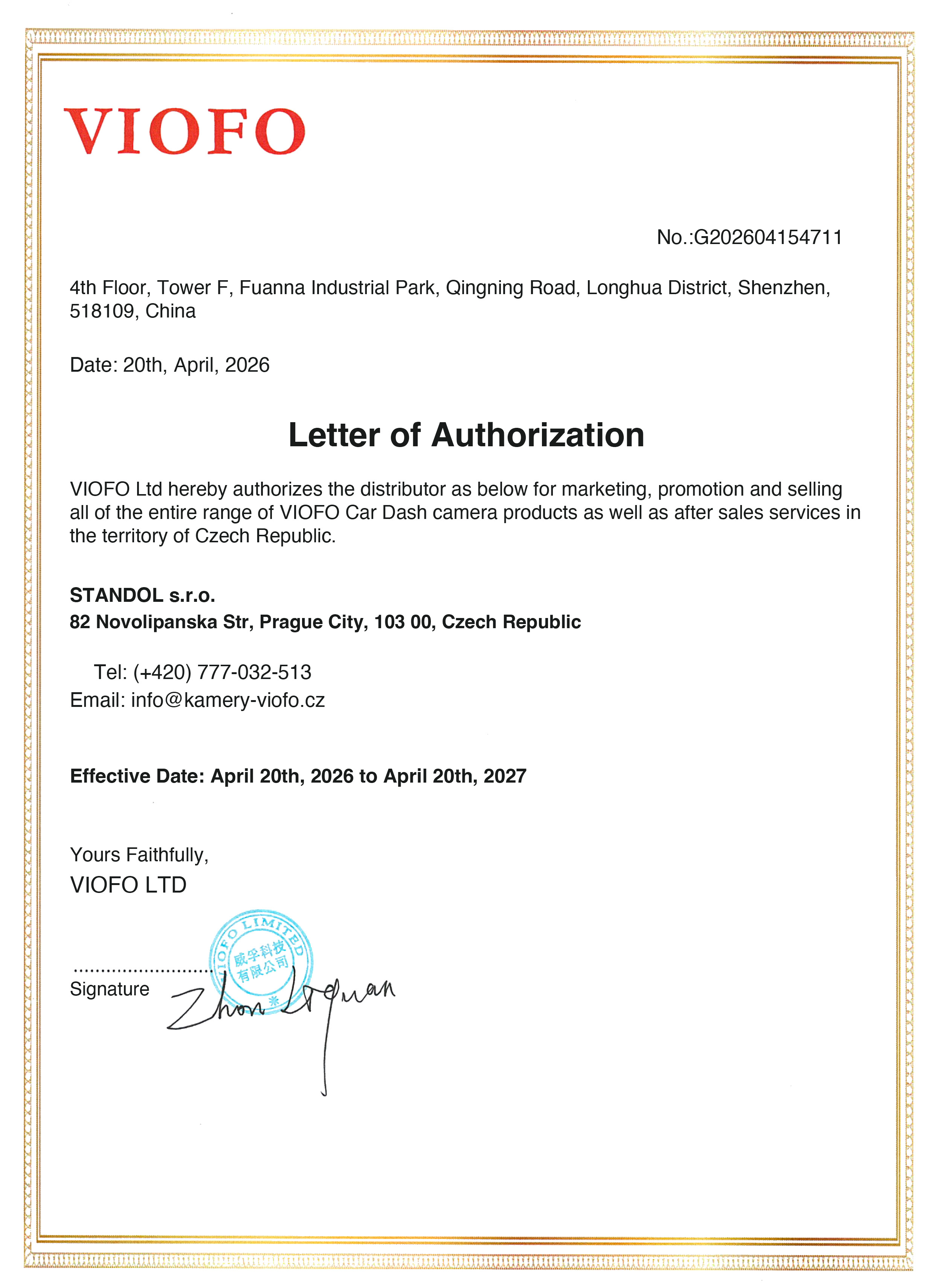 Certifikát autorizovaného dealera VIOFO – STANDOL s.r.o.
