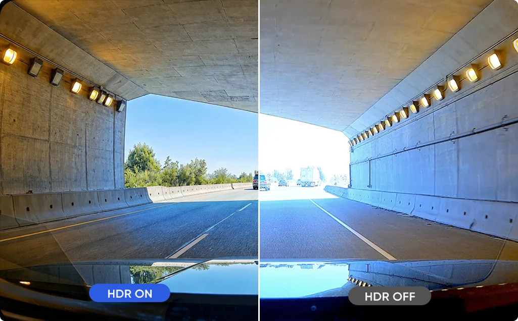 VIOFO T330 – srovnání obrazu s HDR a bez HDR při výjezdu z tunelu