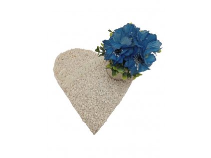 Kamienkové srdce biele s kvetináčikom s modrými kvetmi