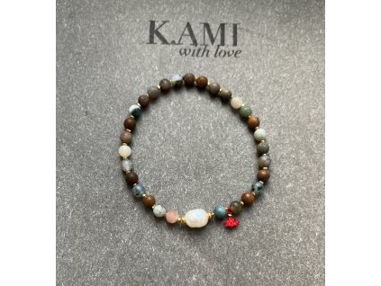 Náramek z oceánského jaspisu s perlou a zlacenými fazetami Ag925