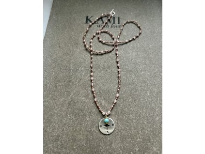 Řetízek z růženínu s kompasem a tyrkysem Ag925