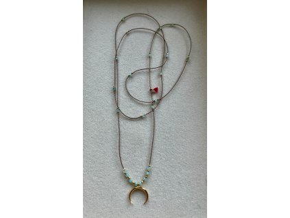 Dlouhý náhrdelník s amazonity a zlaceným půlměsícem Ag925