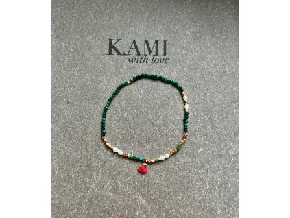 Náramek z malachitu a zlacených fazet s perličkami Ag925