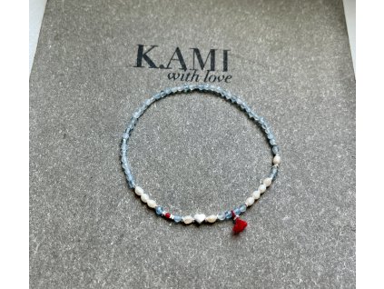 Náramek z akvamarínu s říčními perličkami a srdíčkem Ag925