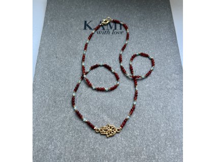 Řetízek z karneolu a amazonitu se zlacenou hamsou Ag925