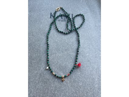 Řetízek z malachitu s křížkem, perličkou a střapečkem Ag925