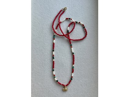 Řetízek z japonských rokajlů se zlaceným vějířkem a malachity Ag925