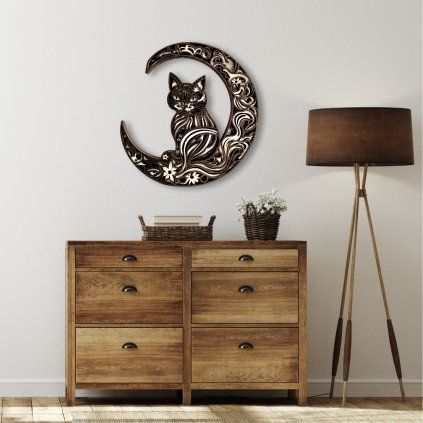 3D Wooden Cat & Moon Wall Art