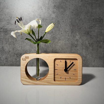 Solid Wood Table Clock with Flower Ampoule
