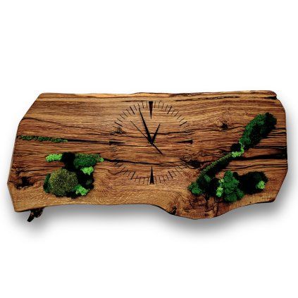 Long Reclaimed Oak Wall Clock with Stabilized Moss