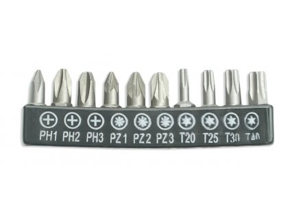 Súprava skrutkových bitov 10ks,25mm:PH1/2/3,PZ1/2/3,T20/25/30/40 - 18A07S10