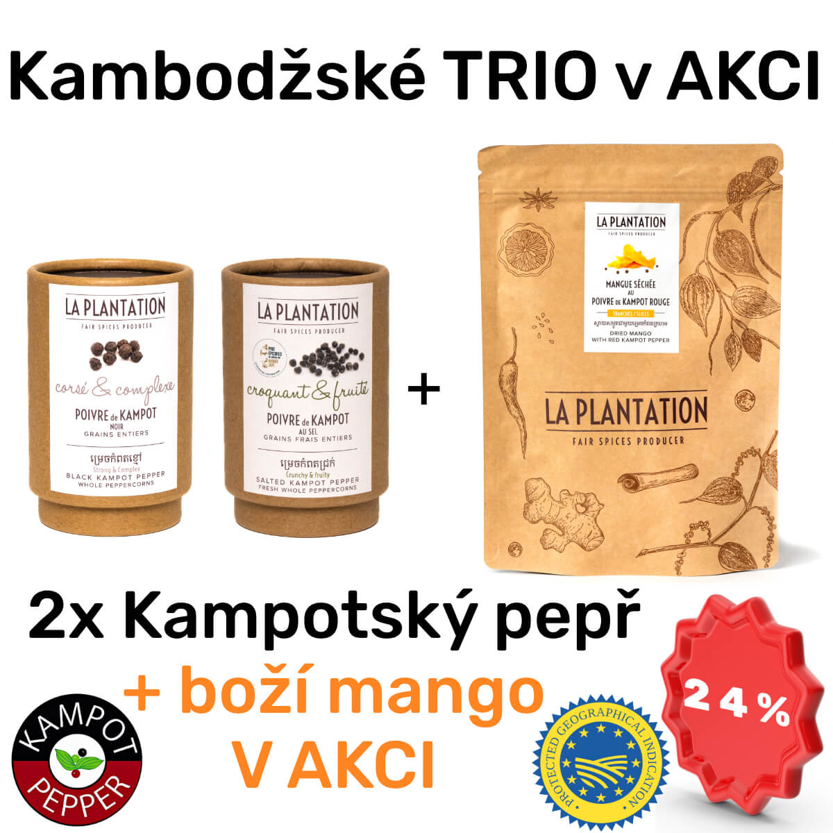 Kampotský pepř černý a fermentovaný 50g tubus + sušené mango 150g