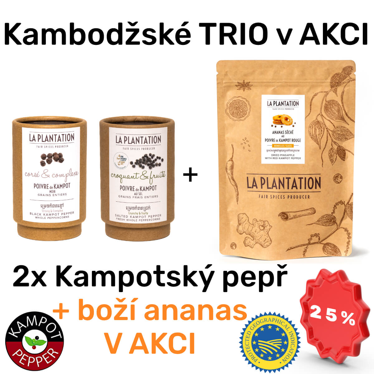 Kampotský pepř černý a fermentovaný 50g tubus + sušený ananas 150g