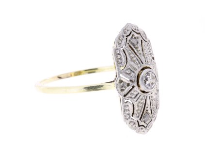 Art Deco zlatý prsten s briliantem-Prsten je vyroben z kombinace zlata 585/1000, přičemž briliant je zasazen do zlata 800/1000 s jemným podílem platiny, Váha: 2,23g
