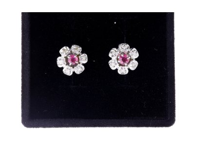 Květinové náušnice s rubíny a diamanty ze 14kt bílého zlata