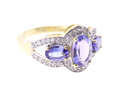 Zlatý prsten s tanzanity a přírodními zirkony – Au 585, Vaha 4,81g