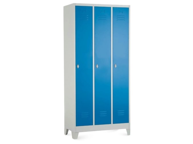kovova satni skrinka 60 x 50 x 190 cm pevne nohy otocny zamek 3 oddily modra ral 5012