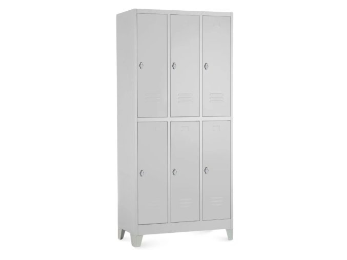 kovova satni skrinka 60 x 50 x 190 cm 6 boxu pevne nohy otocny zamek seda ral 7035