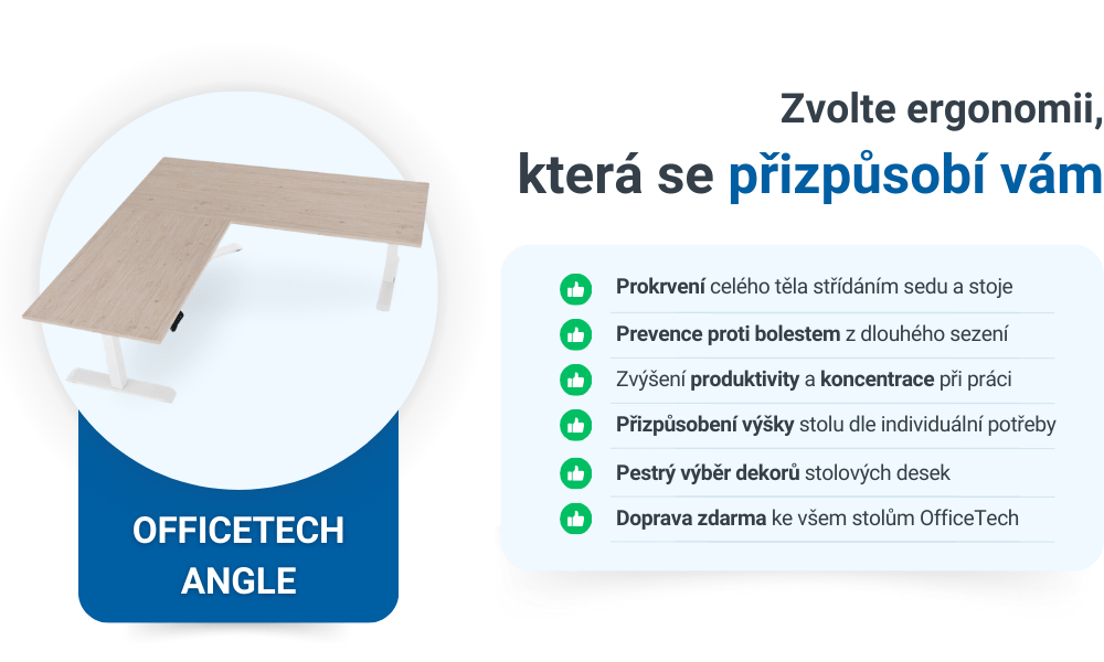 Výškově nastavitelný stůl OfficeTech Angle, 180 x 200 cm, bílá podnož, ořech