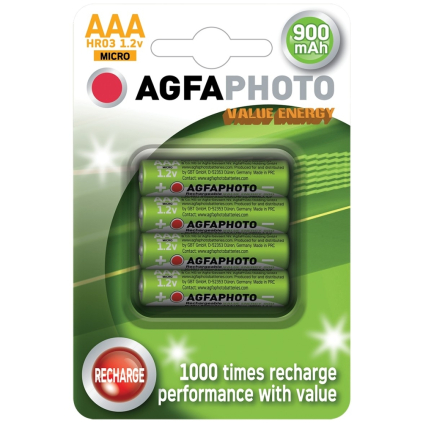 Nabíjecí NiMH baterie AgfaPhoto AAA, 900 mAh, 1,2 V, blistr 4 ks, nabíjecí
