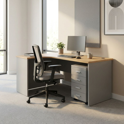 Sestava kancelářského nábytku SimpleOffice 2, 140 cm, levá, šedá / ořech vlašský