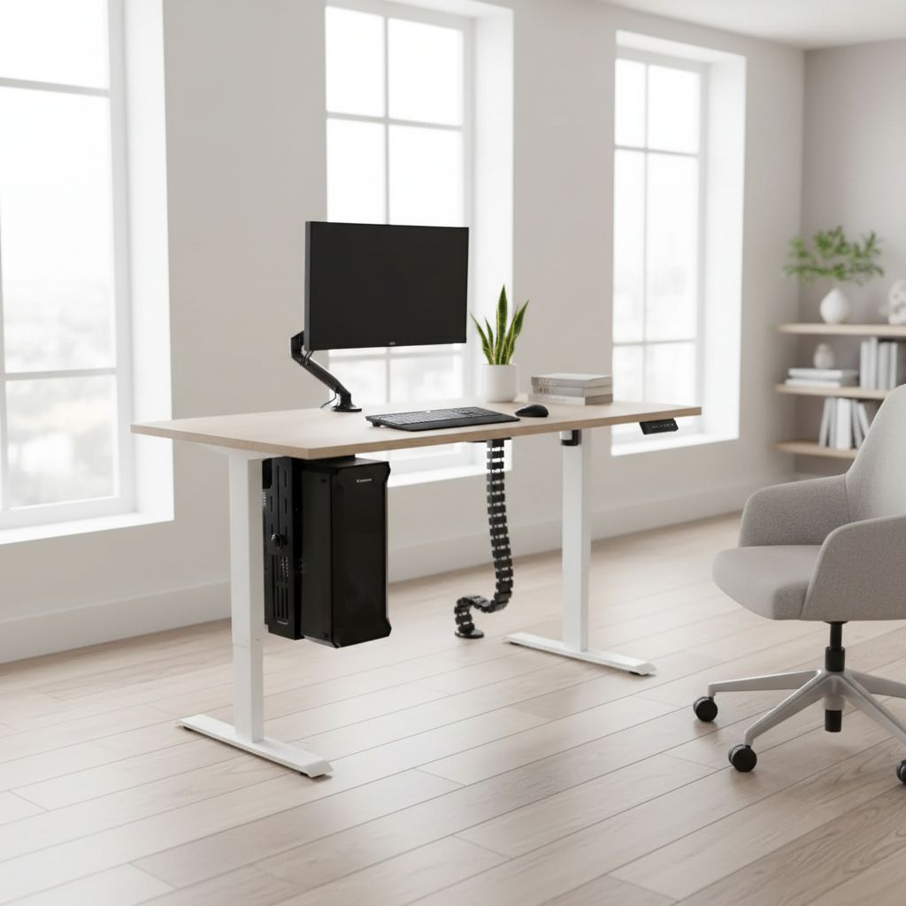 Rauman Výškově nastavitelný stůl OfficeTech B, 140 x 80 cm, bílá podnož, dub